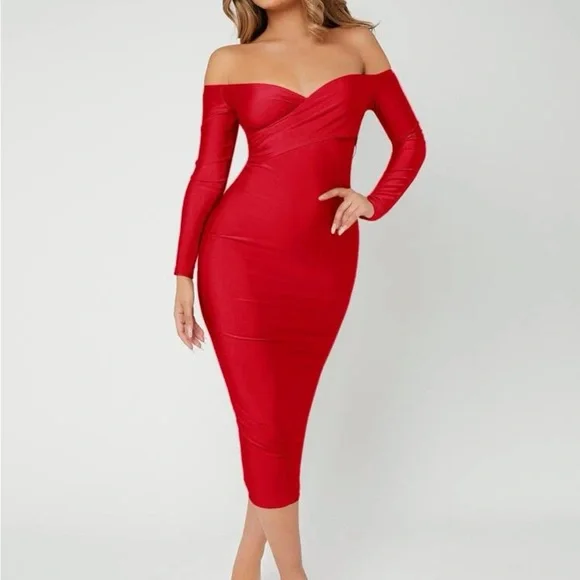 WOMENS XL BODYCON SEXY RED OFF SHOULDER DRESS - Picture 3 of 8